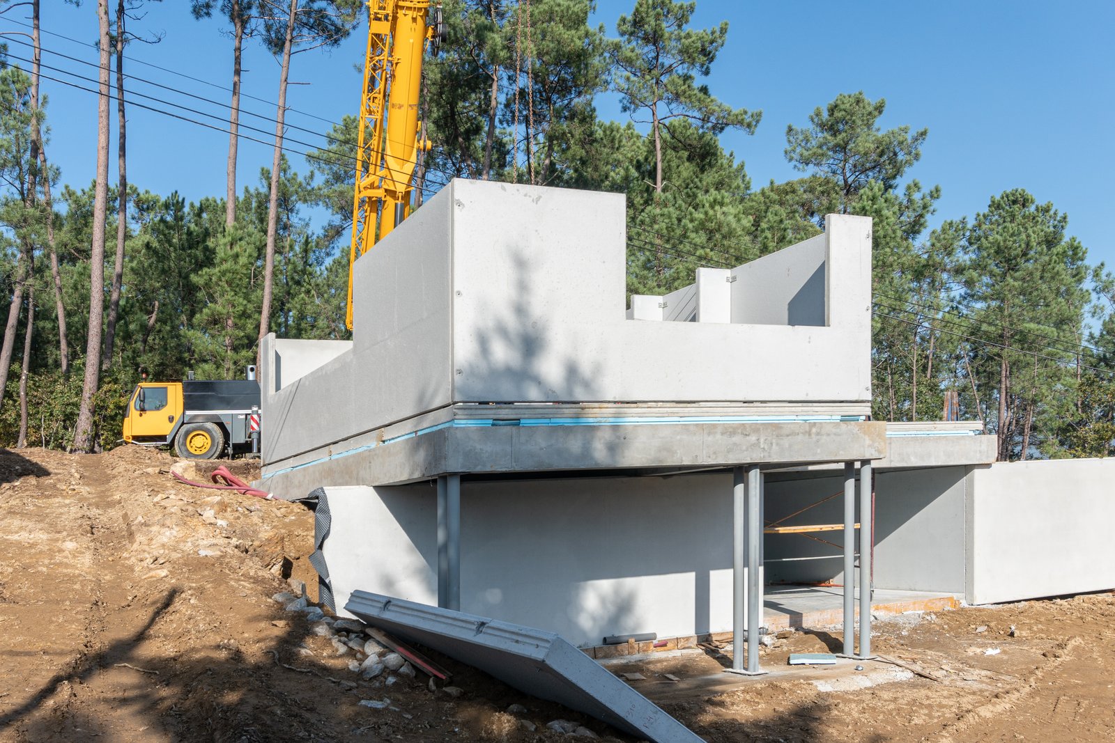 Precast concrete wall elements installed at a building site