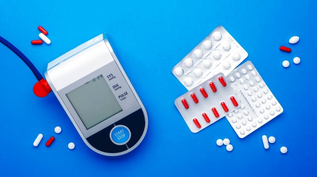 Automatic Tonometer, tablets, pills and red-white capsules for hypertension