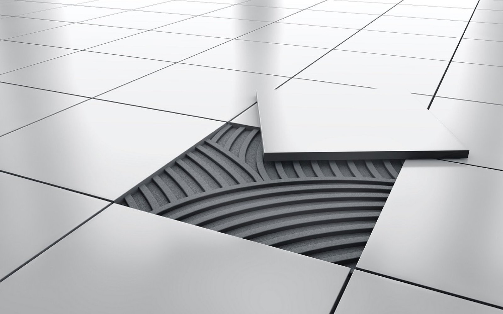 Tile adhesive application illustrating mortar spread for ceramic tile installation
